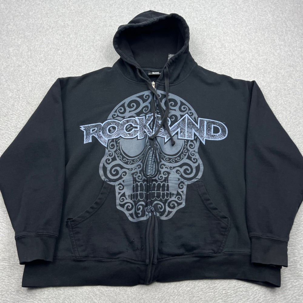 Rock Band Hoodie Mens XL Black Graphic Skull Full Zip Y2K 2008 Gaming Sweatshirt